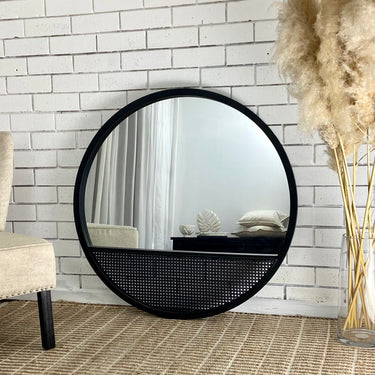 Round mesh mirror 100cm with woven wicker frame