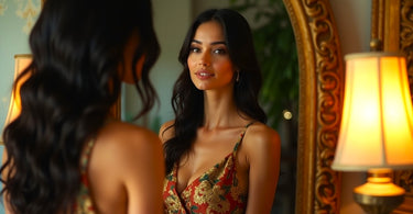 A woman is looking at her mirror reflection