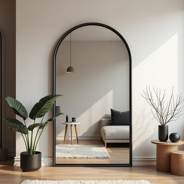 An enormous black arc mirror leaning against the wall in the living room.