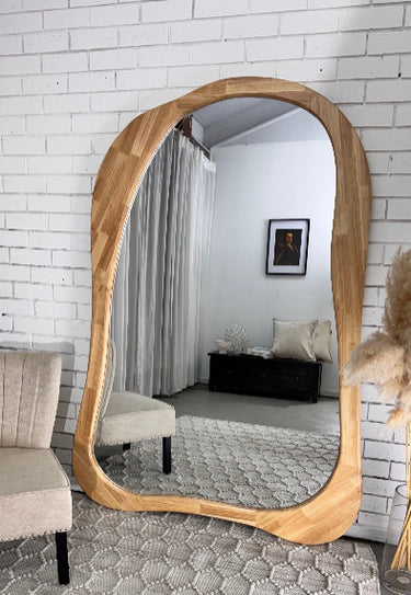 Large 200x140cm asymmetrical arched floor mirror with organic wooden frame