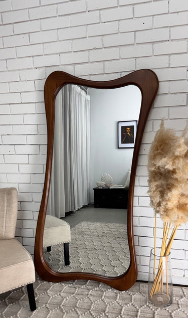 Ripple Asymmetrical Walnut Mirror - close-up of walnut wood grain and organic frame shape